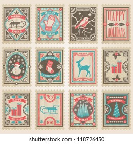 Vector postage stamps set. Christmas collection