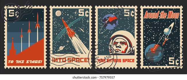 Vector Postage Stamps. Stylization under the Retro Soviet Space Propaganda 