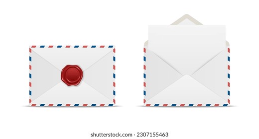 Vector Postal Envelope Set with Red Wax Seal, Blank Letter. Folded, Unfolded Isolated Envelopes. Design Template for Message, Notification, Mailing, Surprise, Congratulation Concept