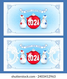 Vector postal greeting cards. Merry Christmas and Happy New Year. Two cheerful smiling snowman and a huge red Christmas ball toy with the inscription 2024. White of Chinese dragons and snowflakes.