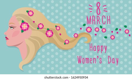 Vector postcard to 8 March Women's Day with portarait of blonde girl and flowers.