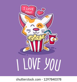 Vector postcard about Cat in love for happy Valentine's Day
