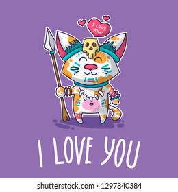 Vector postcard about Cat in love for happy Valentine's Day
