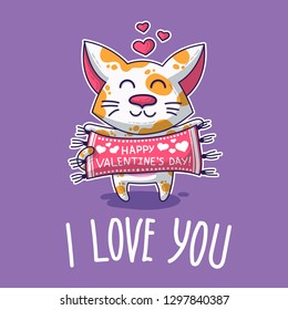 Vector postcard about Cat in love for happy Valentine's Day
