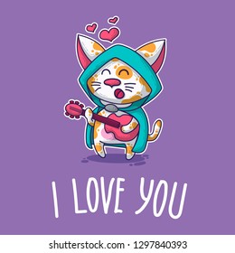 Vector postcard about Cat in love for happy Valentine's Day
