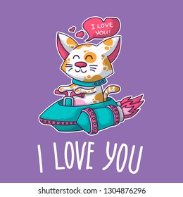 Vector postcard about Cat in love for happy Valentine's Day
