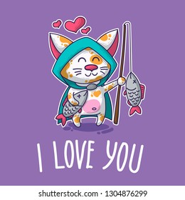 Vector postcard about Cat in love for happy Valentine's Day
