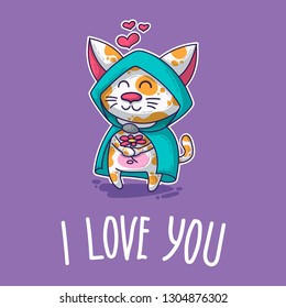 Vector postcard about Cat in love for happy Valentine's Day
