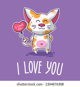 Vector postcard about Cat in love for happy Valentine's Day
