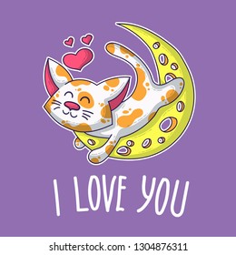 Vector postcard about Cat in love for happy Valentine's Day
