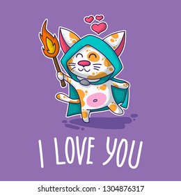 Vector postcard about Cat in love for happy Valentine's Day
