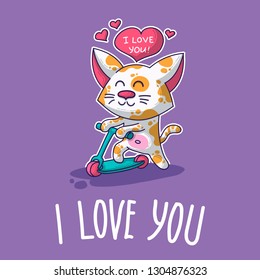 Vector postcard about Cat in love for happy Valentine's Day
