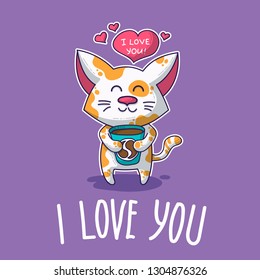 Vector postcard about Cat in love for happy Valentine's Day
