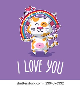 Vector postcard about Cat in love for happy Valentine's Day
