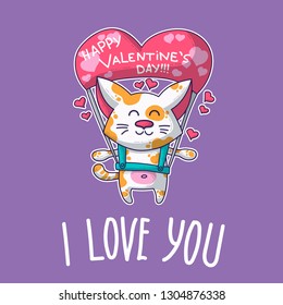 Vector postcard about Cat in love for happy Valentine's Day
