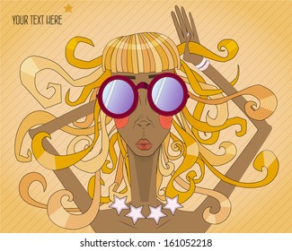 Vector postcard with an abstract girl in big sunglasses and curly hair on yellow striped background. Background design, digital art.