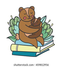 Vector postcard with adorable bears, books and plants