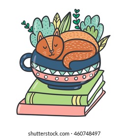 Vector postcard with adorable kitten, books and plants