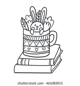 Vector postcard with adorable rabbit in teacup, books and plants