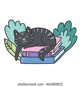 Vector postcard with adorable sleepy kitten, books and plants