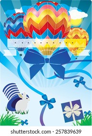 Vector postcard with air balloons and rabbit