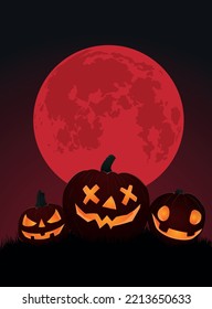 Postal vectorial o pancarta o volante con tres alegres lámparas jack-o' en el fondo de una luna roja de sangre. 
