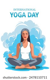 Anuncio de postal de Vector para la fiesta internacional Día del Yoga, una mujer yogi niña se sienta en un asana de loto sobre un fondo de nubes, Ilustración vectorial en delicados tonos pastel