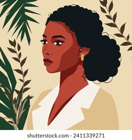 Vector postcard banner portrait avatar of beautiful curly black afro woman among plants and flowers. Women's day spring day, feminism