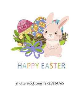 Cartão-postal vetorial com uma cesta cheia de ovos coloridos decorados com ramos de primavera e um arco, e um coelho fofo branco.