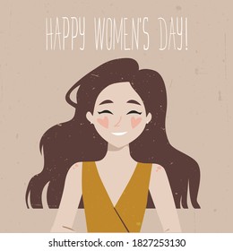 Vector postcard with a beautiful smiling woman. Suitable for congratulations on International Women's Day.