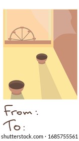 Vektorillustration-Postkarte mit schöner Aussicht durch das Fenster.Vergnügen für Ihre Liebhaber