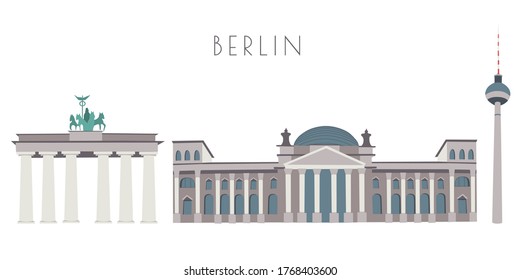 Postal vectorial con arquitectura berlinesa. Puerta de Brandeburgo, Torre de Televisión y Reichstag