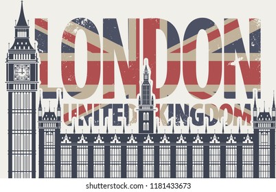 Vector postcard with Big Ben in London, Palace of Westminster, UK. Retro postcard with words London, United Kingdom in colors of british flag