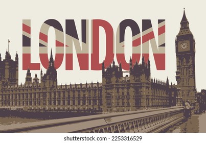 Vector postcard with Big Ben in London, Palace of Westminster, UK. Retro postcard with words London, United Kingdom in colors of british flag