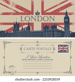 Vector postcard with Big Ben in London, Palace of Westminster, UK. Retro postcard with words London, United Kingdom in colors of british flag