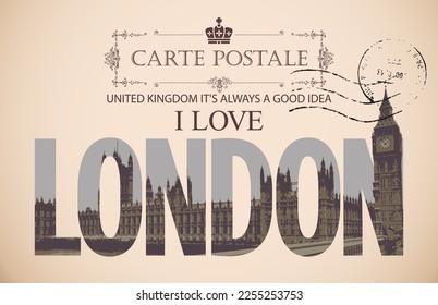 Vector postcard with Big Ben in London, Palace of Westminster, UK. Retro postcard with words London, United Kingdom in colors of british flag