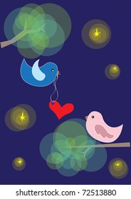 Vector postcard. Bird lovers at night.