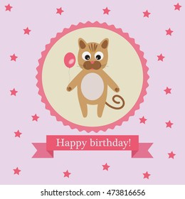 Vector postcard for birthday celebration. A cartoon cat with balloons on a background of the stars.