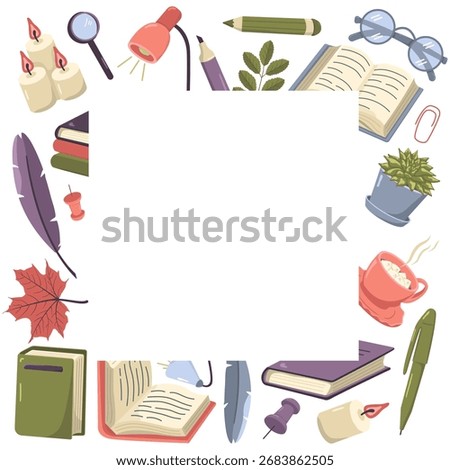 Vector postcard with books, stationery and plants. Colored composition for school and library with copy space. World Book and Knowledge Day. Picture of fiction and attributes for reading and studying
