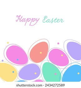 Vector postcard with bright Easter eggs and calligraphic font. Linear design, pastel colors