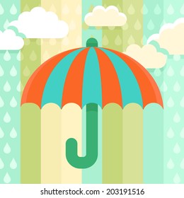 Vector postcard - bright illustration in flat style - striped umbrella and rain drops