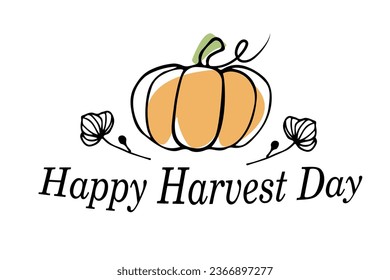 vector postcard, business card, inscription, happy harvest day. Line pumpkin illustration