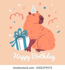 Vector postcard with capybara features a cute animal in a festive hat surrounded by confetti. This joyful illustration embodies the spirit of celebration