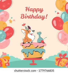 Vector postcard in cartoon style,
with a festive inscription. Happy birthday greeting card with funny corgi. Next to the puppy is a cake, multi-colored balloons, confetti on a light background