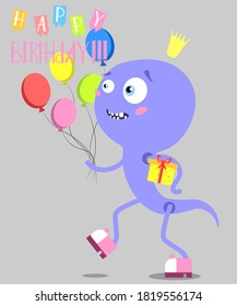 Vector postcard in cartoon style with a festive inscription. Happy birthday greeting card, poster and invitation with funny monster.