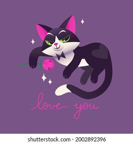 Vector postcard with a cat in love for Valentine's day. Cute cat character holds a pink rose. Card with Love you lettering. Love postcard.