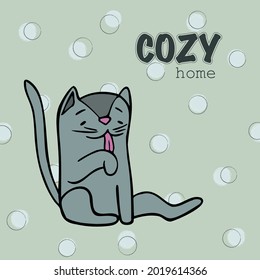 Vector postcard with cat and text in light green background with little hand draw bubbles.