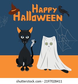 Postal vectorial con gatos y un cuervo. Diseño de dibujos animados planos.  Tarjetas alarmantes de vacaciones de otoño. Feliz postal de Helloween.