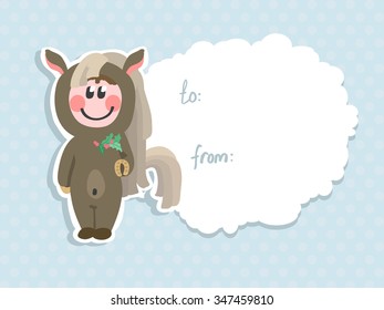 Vector postcard with a child in costume horses for your design