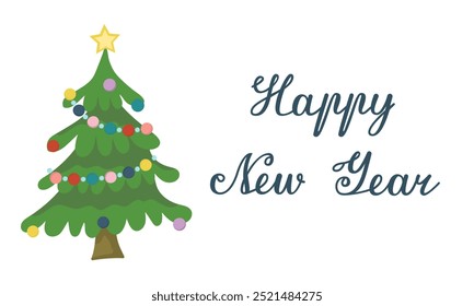 Vector postcard with Christmas tree and toys. Horizontal banner of Happy New Year. Festive tree with text.